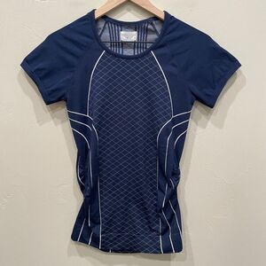 Athleta Finish Fast Line Tee Navy Blue White - Size: Small